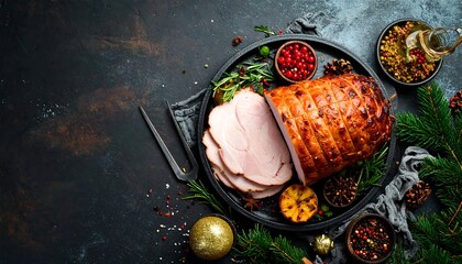 Overhead shot of a festive holiday dinner featuring a glazed ham, sliced and ready to serve, surrounded by decorative elements