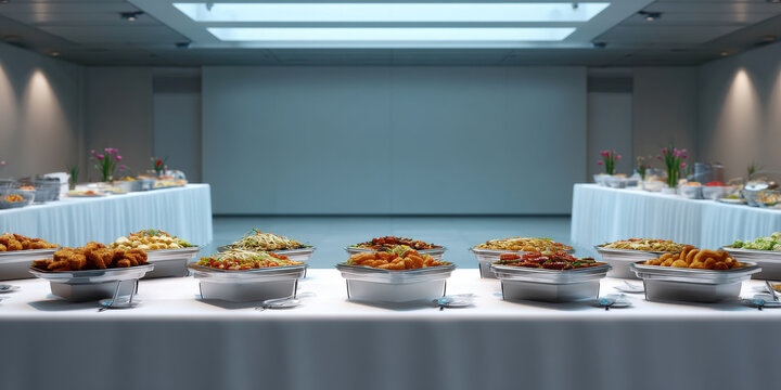 Elegant buffet catering hall modern banquet table with chafing dish food display, soft lighting and floral accents creating inviting atmosphere