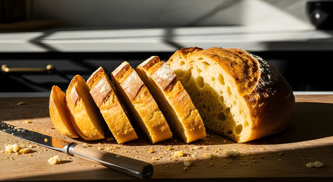 Freshly baked artisanal bread sliced on a wooden cutting board with a knife and crumbs