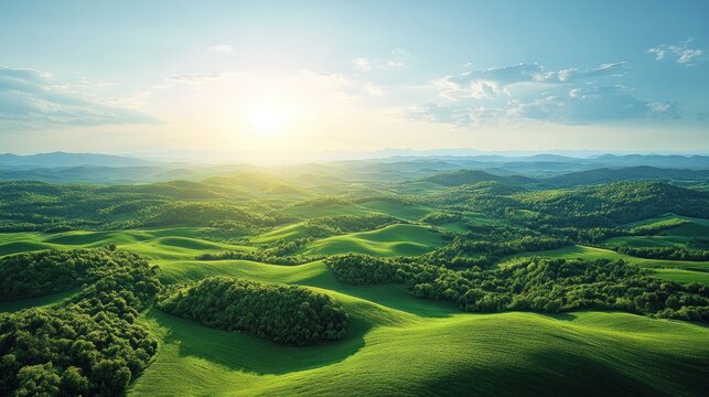 Lush green hills, sunlit landscape