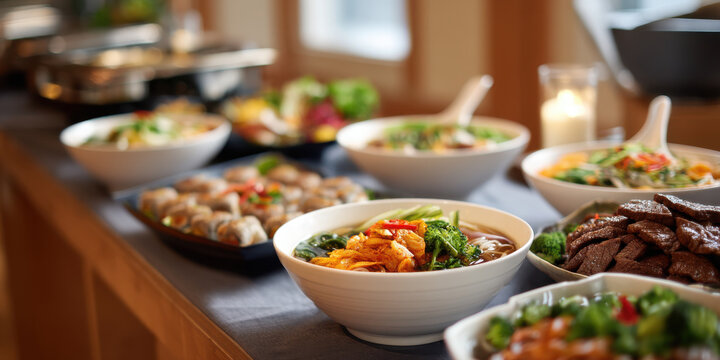 Asian buffet table with bowls of noodles vegetables and grilled meat in cozy modern setting, warm inviting atmosphere and appetizing presentation