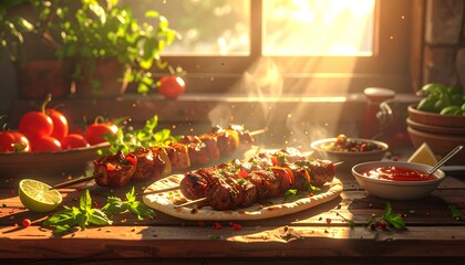 Mouthwatering image captures skewers with vibrant vegetables and meats, basking in sunlight. Fresh herbs, tomatoes, and sauces enhance the rustic table setting