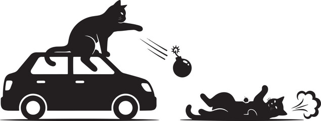 Black cat on car drops bomb as another cat gets gassed, transparent background