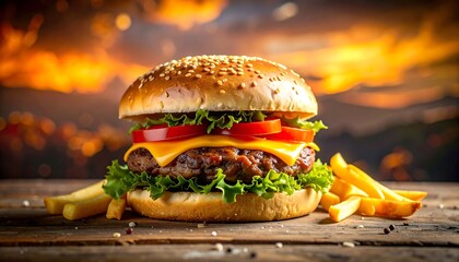 Mouthwatering hamburger stacked high on a sesame seed bun with fries against a blurred golden sunset background