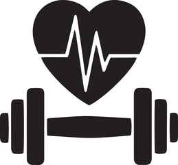 Black heart shape with heartbeat line sits atop dumbbell weightlifting equipment in transparent background