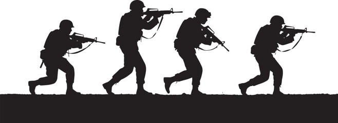 Black silhouettes illustrate four soldiers advancing with rifles against a bright white transparent backdrop