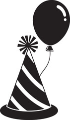 Black striped party hat and a balloon floating above it symbolize celebration