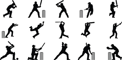 Cricket Player Silhouettes Vector Set, Batsmen, Bowlers, and Wicketkeeper Actions, Sport Graphic Icons Collection, Team Game and Competition Design Elements.