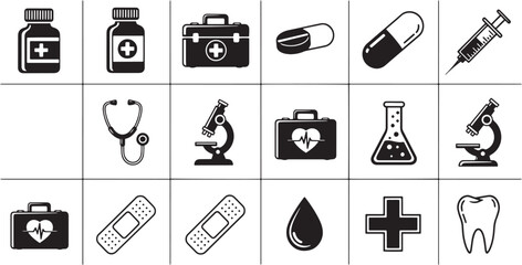 Medical care icons including microscope, pills, first aid kit, plus sign, and blood drop symbols