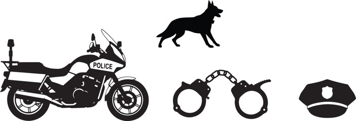 Isolated icons depict a motorcycle, dog, handcuff, and hat in solid black with transparency