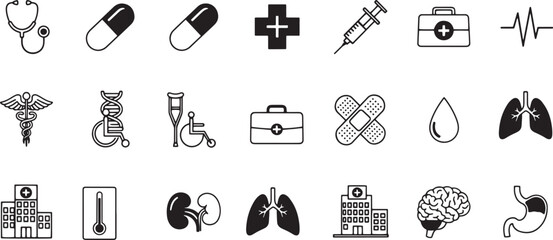 Medical icons display various healthcare tools, body parts, and emergency equipment in a linear style