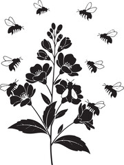 Several bees fly around a blossoming branch with dark flowers against a transparent background