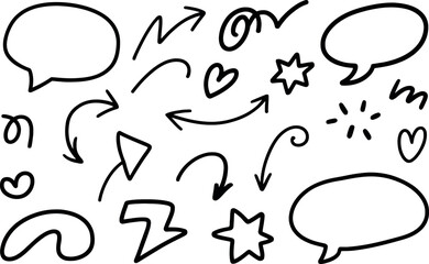 Hand drawn doodle elements various shapes arrows hearts stars and speech bubbles