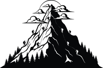 Silhouette design shows many climbers ascend a tall mountain below clouds and a sun
