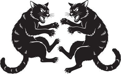 Two ferocious black cats are facing each other, ready to fight each other