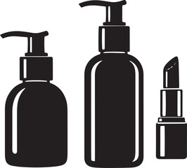 Two bottles with pump dispensers stand beside lipstick tube in black silhouette