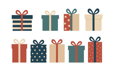 Festive gift boxes with bows in assorted patterns and colors