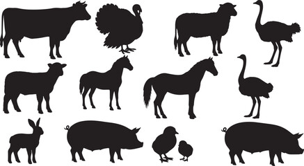 Various animal silhouette collection presents farm favorites from horse and turkey to rabbit and ostrich