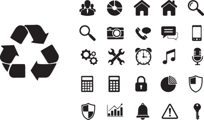 Various essential black web icons appear on a transparent background, offering many helpful symbols