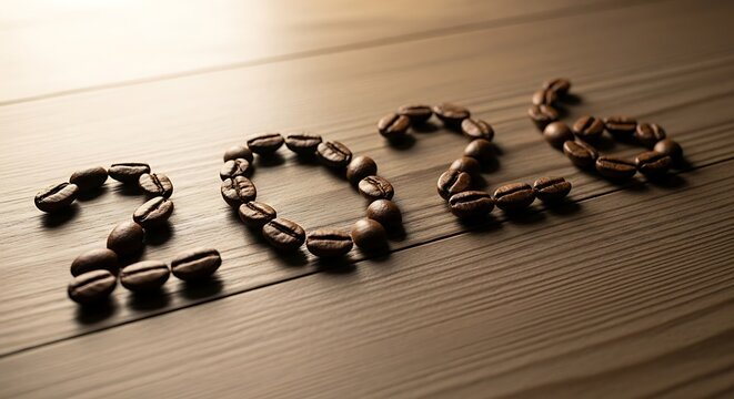 Aromatic roasted coffee beans carefully arranged to form the number 2026 on a rustic wooden background, heralding the new year with warmth and celebration