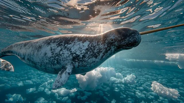 Narwhal swimming in arctic waters digital render realistic illustration animation