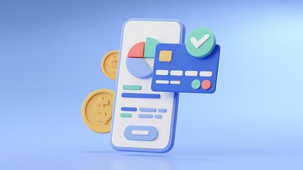 3D cartoon smartphone displaying financial chart with credit card and coins mobile finance 3D Business App Icon with Modern Digital Interface