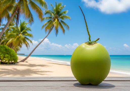 Fresh green coconut on a wooden table with a tropical beach and palm trees in the background on a sunny day