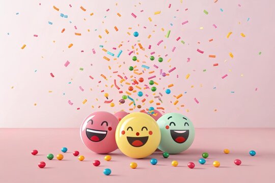 Three cheerful emojis with confetti celebrating a happy occasion