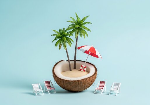 Miniature tropical island inside a coconut shell with palm trees, beach chairs, and a small umbrella on a light blue background