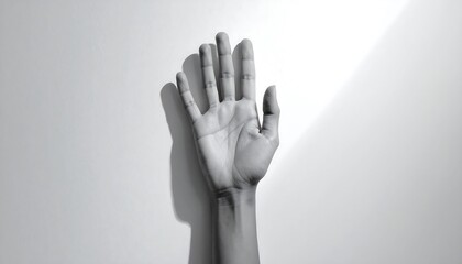 Monochrome image showcases a hand with fingers outstretched, positioned against a plain white background. A beam of light casts a dramatic shadow