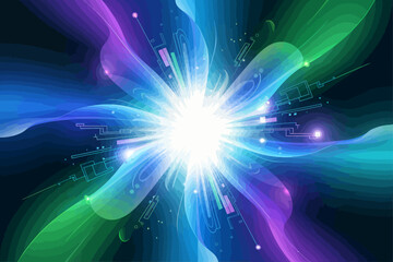 Abstract light burst with blue green and purple hues radiating from a central point of brilliant white light creating a sense of energy and innovation