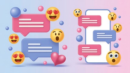 3D Chat Bubbles and Emojis with Smartphone on Gradient Background message communication 3D Business App Icon with Modern Digital Interface