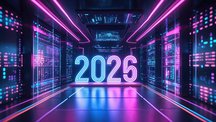 Futuristic 2026 in Neon with Tech Background and LED Lights