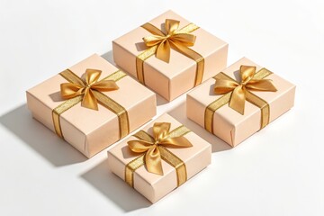 Obraz premium Four Gift Boxes Wrapped With Golden Ribbons on White Background