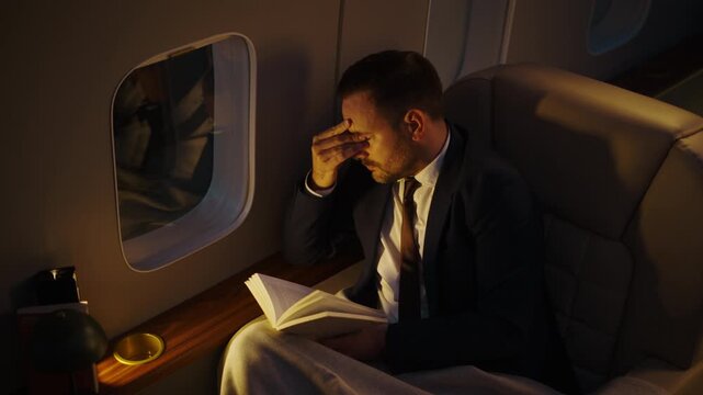 Serious exhausted businessman reading a book during a long night flight on his comfortable private jet. The successful man is experiencing fatigue, stress and jet lag from frequent travels
