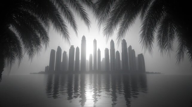 Misty city skyline framed by palm trees