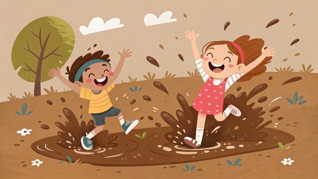 Two joyful children playing happily in muddy puddles outside - Powered by Adobe