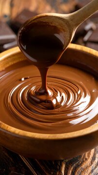 Pouring melted chocolate with wooden spoon in a bowl on a wooden surface, creating circular ripples in the liquid