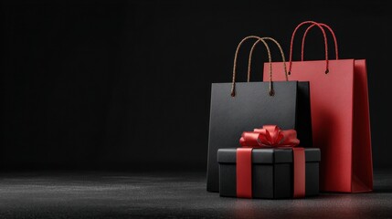 a black and red gift bag with a red bow