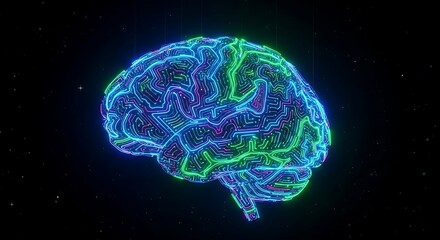 Abstract glowing digital brain with neon blue and green circuits on black background