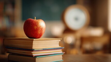 a red apple sitting on top of a stack of books