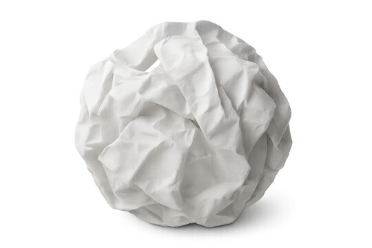 Crumpled white paper ball symbolizing discarded ideas, mistakes, waste, problems, or ending projects with a transparent background