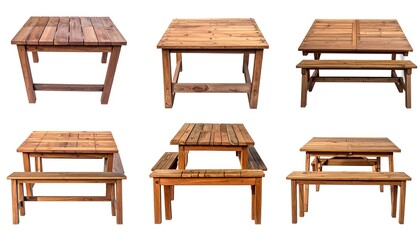 Multiple wooden tables and benches, displayed in various arrangements against a clean white background, showing different perspectives