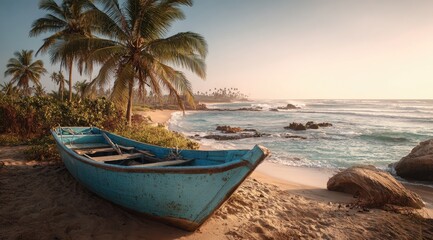 Tranquil beach scene at sunrise. A weathered blue fishing boat rests on the sandy shore, facing a calm ocean at dawn, with palm trees and lush vegetation