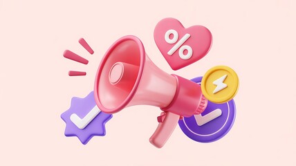 3D illustration of a pink megaphone with a heart, coin, and checkmark icons loudspeaker Business Project Development Concept