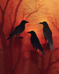 Obraz premium three crows perched in silhouette against orange sky