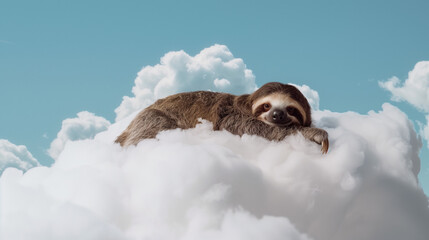 A dreamy sloth resting peacefully on a fluffy white cloud in a soft surreal sky, expressing calmness and playful charm in a minimalist scene. Perfect for wellness campaigns