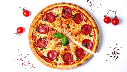 Overhead shot of a freshly baked pizza, cut into slices, with pepperoni, mozzarella, and a green leaf garnish. Cherry tomatoes and peppercorns are scattered around the pizza