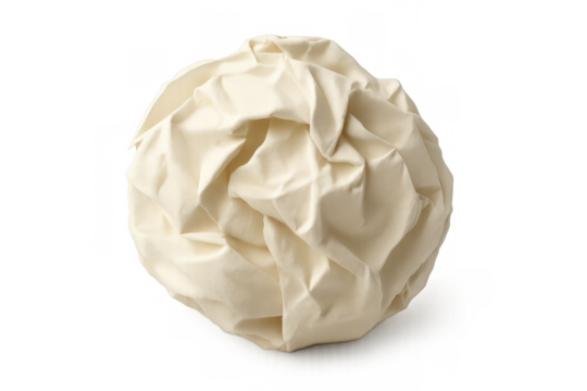 Crumpled light beige paper ball on a transparent background showing texture and wrinkles, symbolizing waste, mistake, or creative ideas