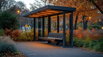 Fototapeta premium Modern bus stop at dusk, autumn leaves